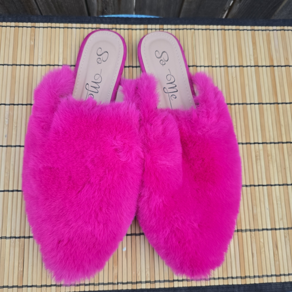 Hot Pink Fuzzy Faux Fur Women's Flat Mules Shoes Size 8.5